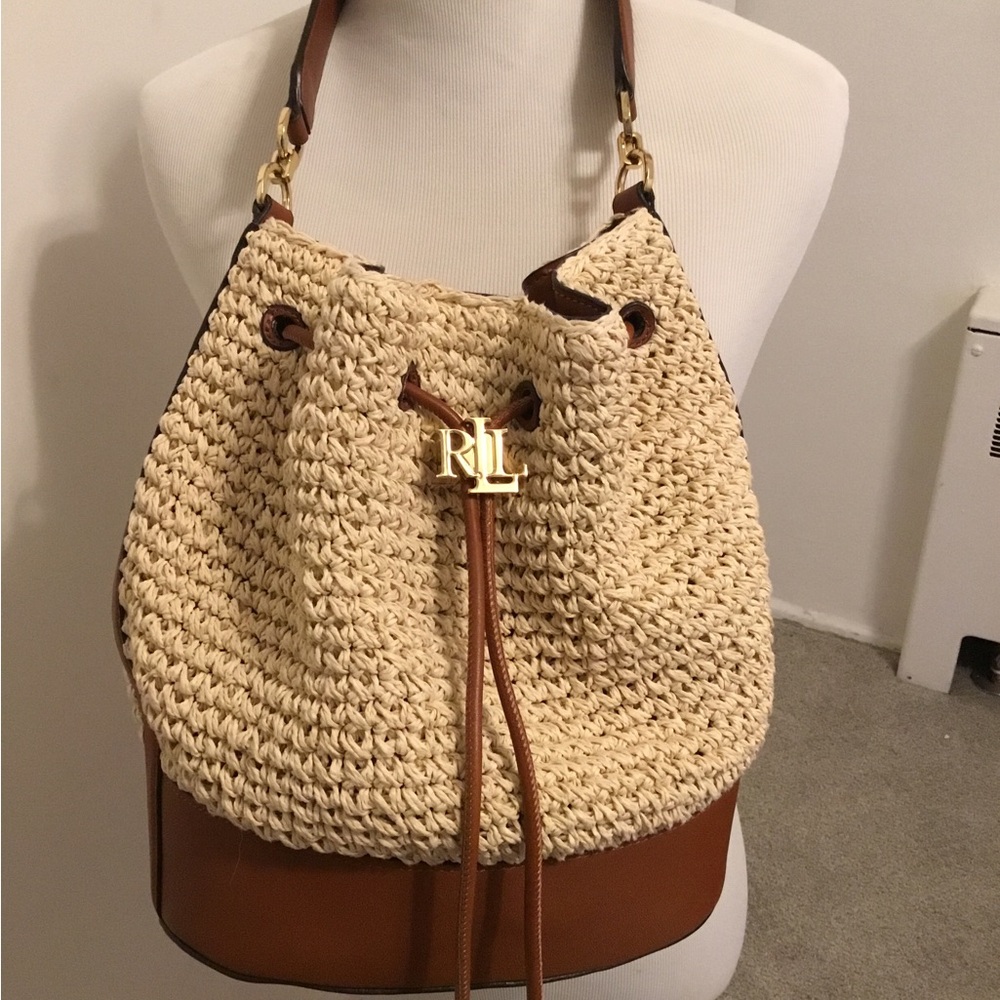 Lauren by RALPH LAUREN “Andie”Bucket Drawstring Straw & Leather Crossbody NWOT - Picture 5 of 16